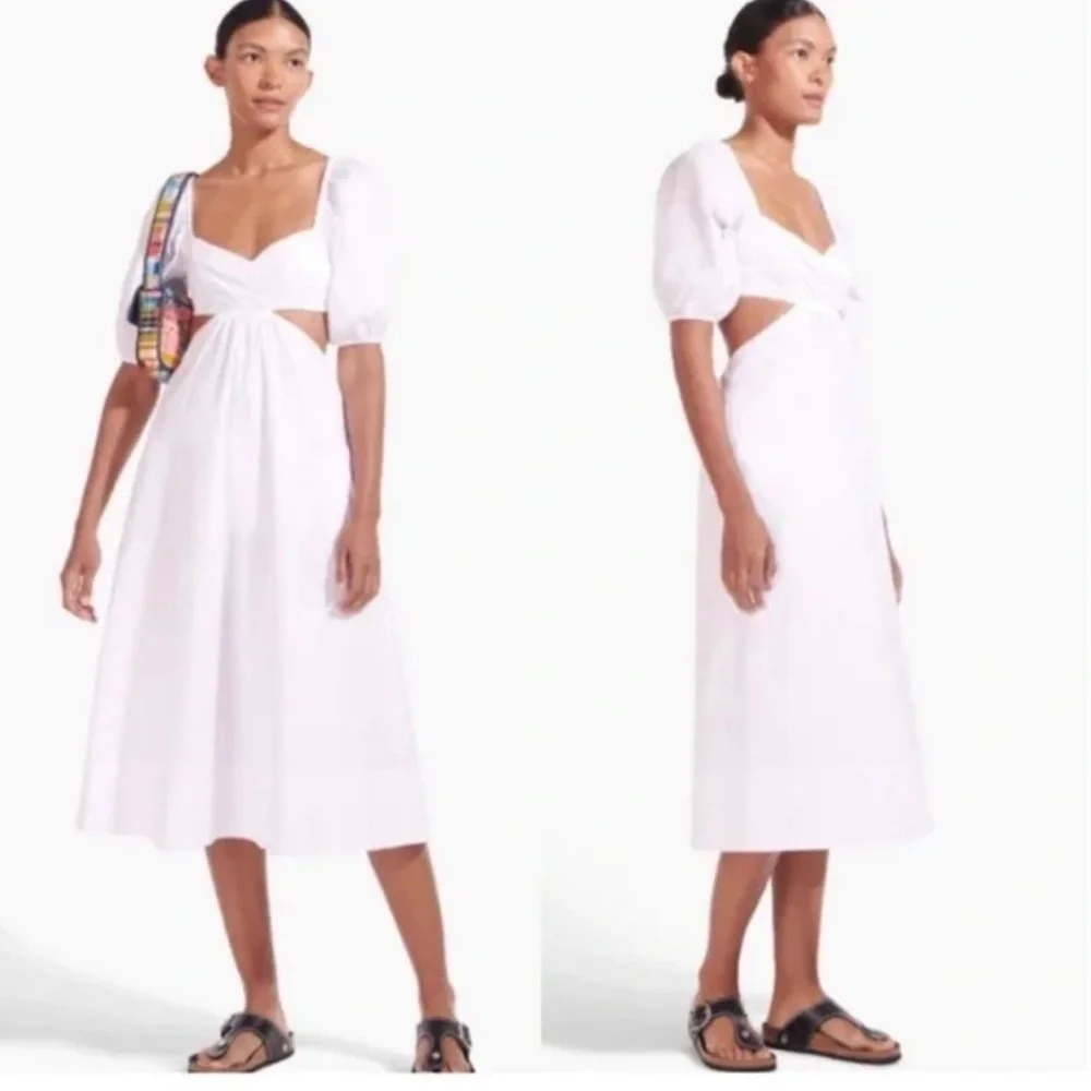 NWT Staud Carina Cut Out Puff Sleeves Midi Dress Size XL White Romantic Feminine - Picture 3 of 15